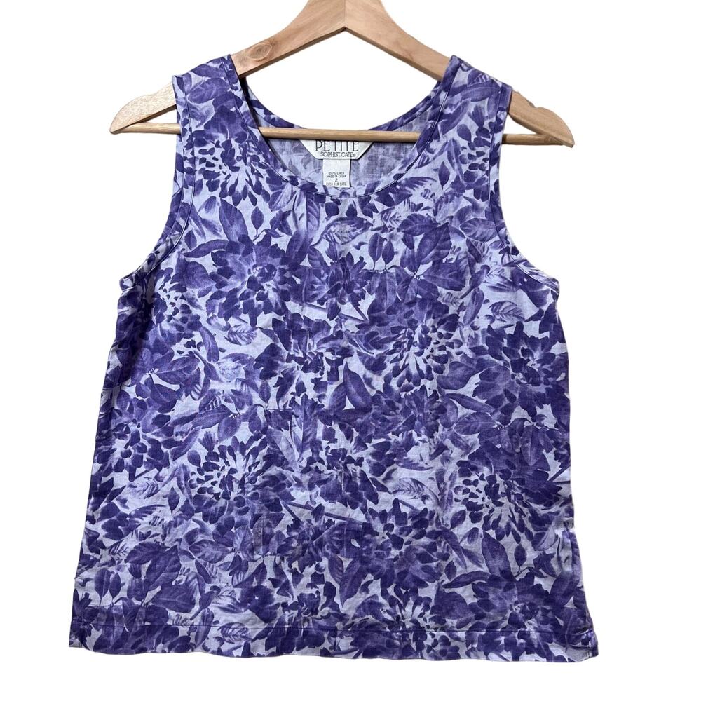 Vintage Petite Sophisticate 100% Linen Tank Top Blouse Purple White Floral